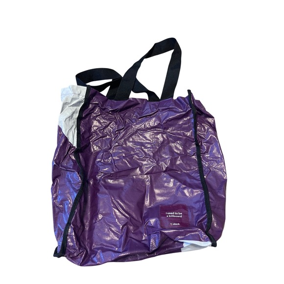 Slack Handbags - Slack Recycled Billboard Tote Bag Purple White Upcycled Eco Friendly Made in USA